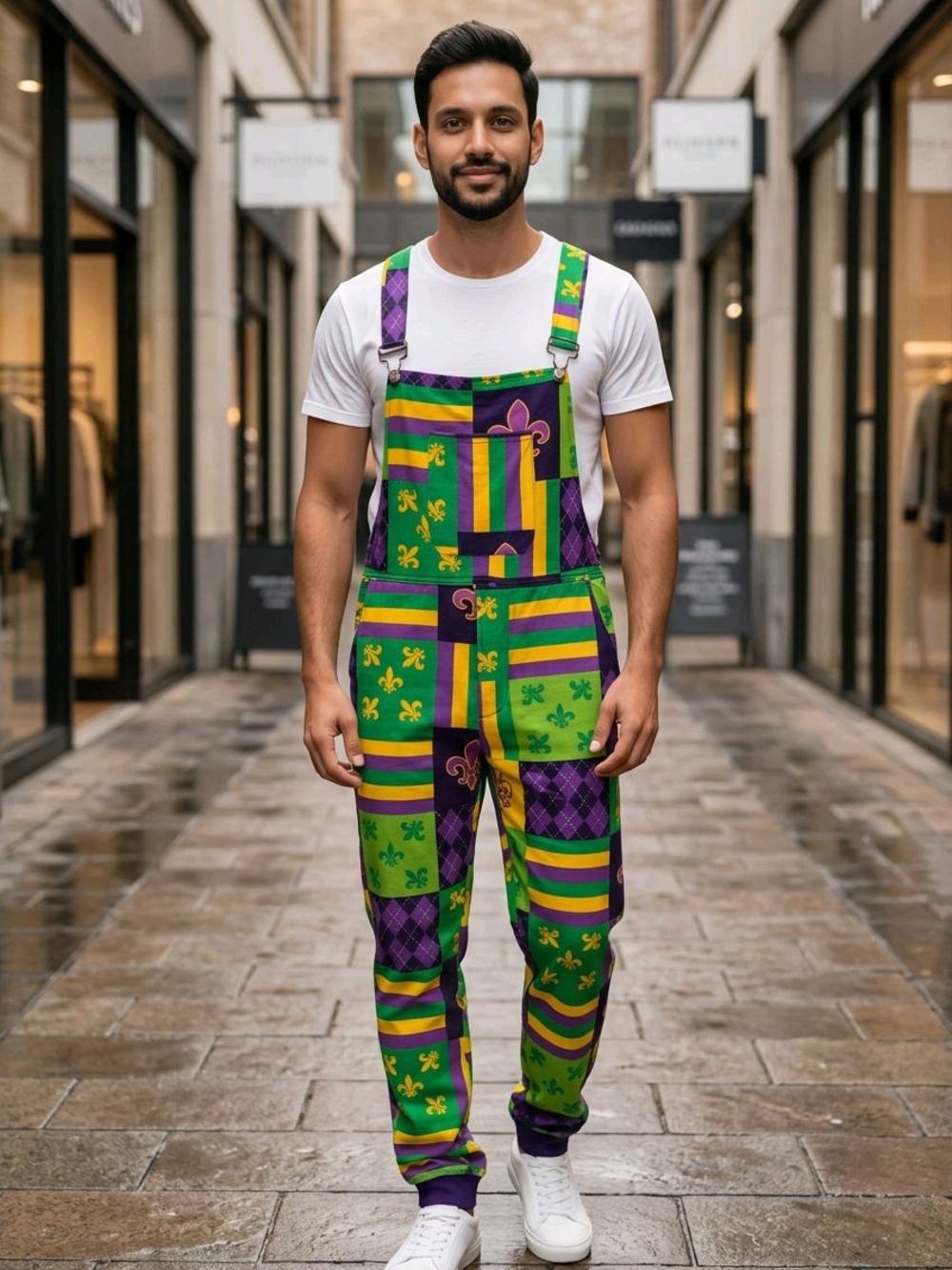 "The Beignets For Breakfast" Mardi Gras Overalls Featuring a Patchwork Design L
